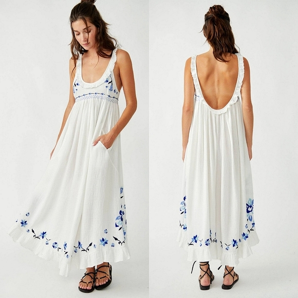 Free People Magda Blue Embroidered White Maxi Dress In Ivory Indigo Size M NWT - Picture 3 of 15